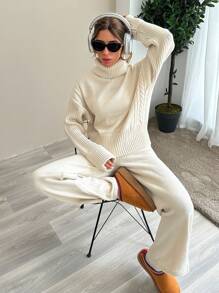 EURMUSE Women High Neck Sweater And Sweater Pant Two Piece Set Outfit Co-Ords - Beige - View 5