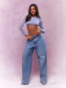 MISSGUIDED 闪光透明网眼双层短款长袖上衣 - 紫色 - 查看 4