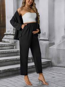 SHEIN 2pcs Maternity Casual Solid Color Long Sleeve Top And Pants Set, Spring & Summer - Black - View 1