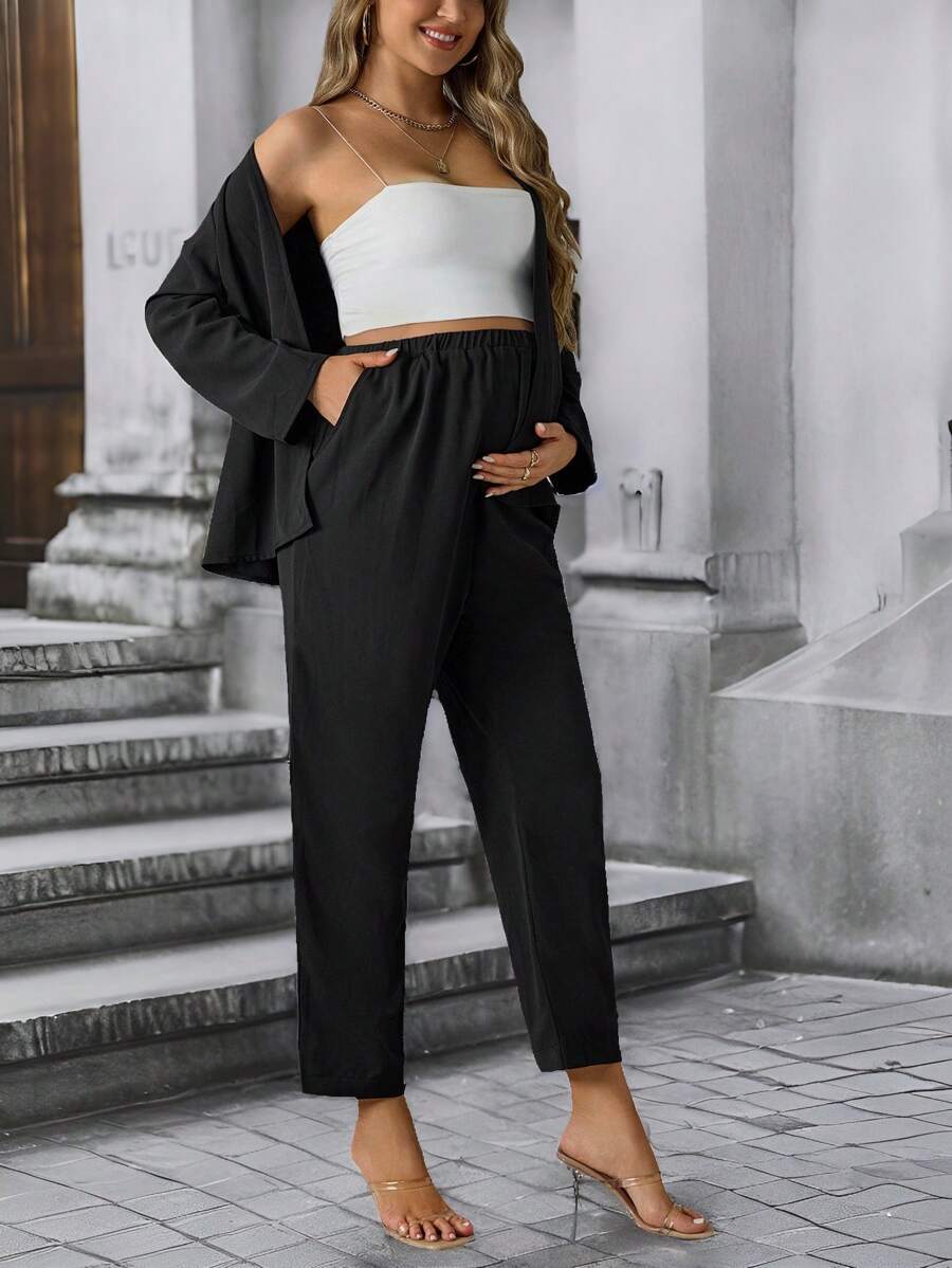 SHEIN 2pcs Maternity Casual Solid Color Long Sleeve Top And Pants Set, Spring & Summer - Black - View 1