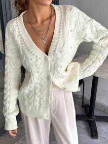 EURMUSE Knitwear Cable Pattern Cardigan With Pearl Placement - White - View 5