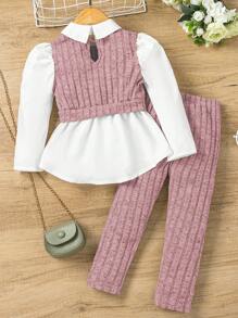 SHEIN Explorewe 2 piezas Conjunto informal para niña joven: Blusa de manga larga con cuello en contraste y bajo asimétrico, y pantalones de unicolor - Rosa - Ver 5