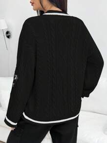 SHEIN EZwear 女士撞色 V 领长袖毛衣 - 黑色 - 查看 2