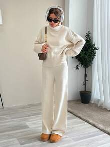EURMUSE Women High Neck Sweater And Sweater Pant Two Piece Set Outfit Co-Ords - Beige - View 1
