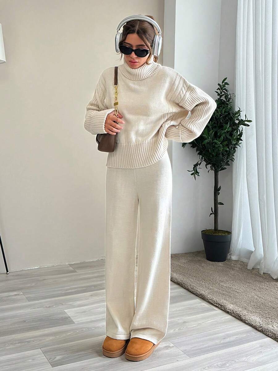 EURMUSE Women High Neck Sweater And Sweater Pant Two Piece Set Outfit Co-Ords - Beige - View 1