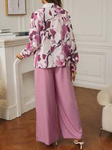 SHEIN 2pcs Maternity Floral Print Button-Up Long Sleeve Top And Loose High Waist Pants Set - Hot Pink - View 2