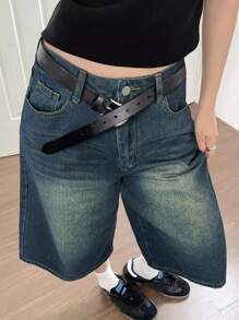 بنطال قصير جينز برمودا واسع الساق بجيب مموهة كت بتأثير غسيل فينتاج طراز Y2K