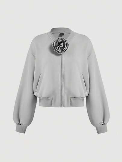 SHEIN MOD Grey Oversized Zipper Sweatshirt,Detachable 3D Floral ,Fall/Winter Clothes,Business Casual Women,90s Outfit,Goth,Korean Fashion,Zip Up Bomber Women Jacket,Winter Coat,Old Money,Homecoming,Party,Basic Sweatshirt