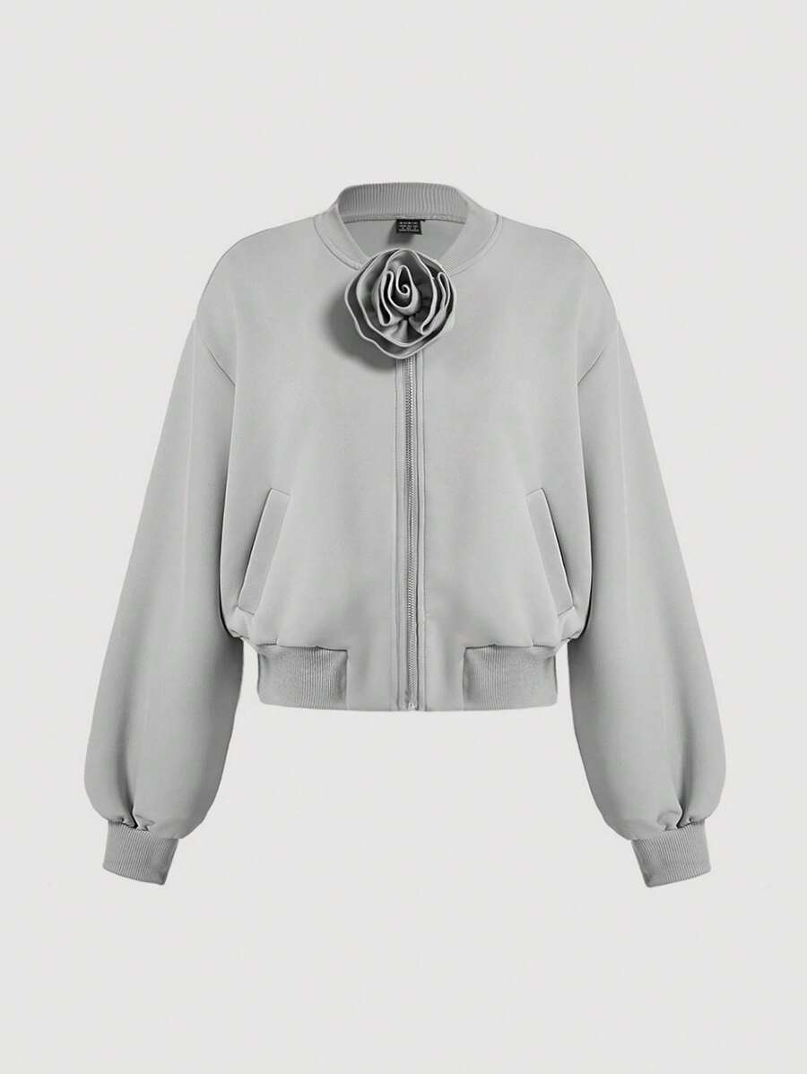 SHEIN MOD 灰色超大拉链卫衣，可拆卸3D立体花卉图案，秋冬款，商务休闲女装，90年代风格，哥特风，韩版时尚，拉链飞行员夹克，冬季外套，复古富贵风，返校节，派对，基础款卫衣 - 灰色 - 查看 1