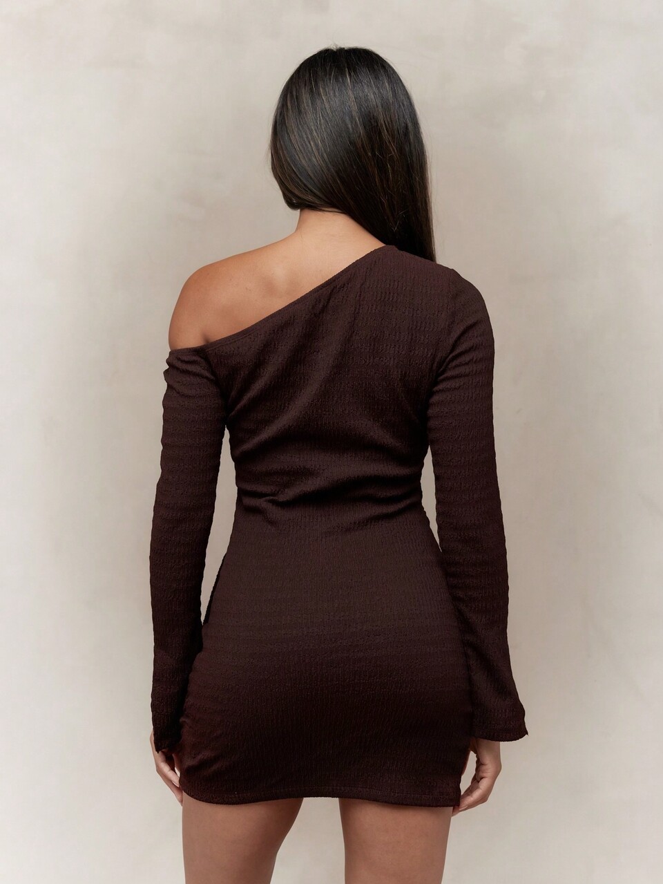 MISSGUIDED Textured Asymmetric Neckline Long Sleeves Wrap Detail Bodycon Mini Dress