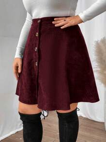 Vionelle Falda A-line simple con botones delanteros para talla grande, uso casual diario, para el Día de Acción de Gracias, color borgoña - Burdeos - Ver 6