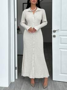 EURMUSE Knitwear Maxi Dress With Fancy Buttons - Beige - View 4