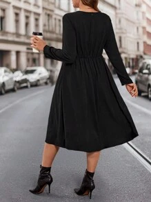 加大码纯色圆领长袖连衣裙长款女装 - 黑色 - 查看 2