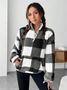 SHEIN EZwear 拉链长袖格子蓬松运动衫，休闲装，长袖上衣，女士秋冬装 - 黑與白 - 查看 5