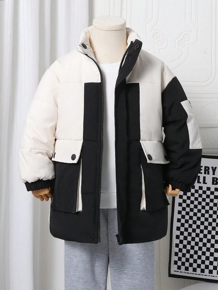 Boys' Casual Versatile Sporty Black & White Contrast Outdoor Utility Jacket, Detachable Hooded, Zipper Front, For Winter, Daily, School, Warmth, Windproof, Streetwear