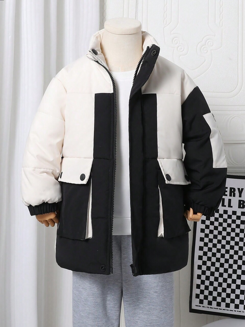 Boys' Casual Versatile Sporty Black & White Contrast Outdoor Utility Jacket,Detachable Hooded,Zipper Front,Winter,Career Day,Back-To-School