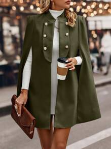 SHEIN Clasi Abrigo largo de unicolor con manga tipo capa y doble botonadura - Verde militar - Ver 3