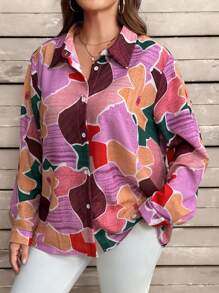 SHEIN CURVE+ Plus Size Women's Colorful Printed Long Sleeve Shirt - Multicolor - View 3