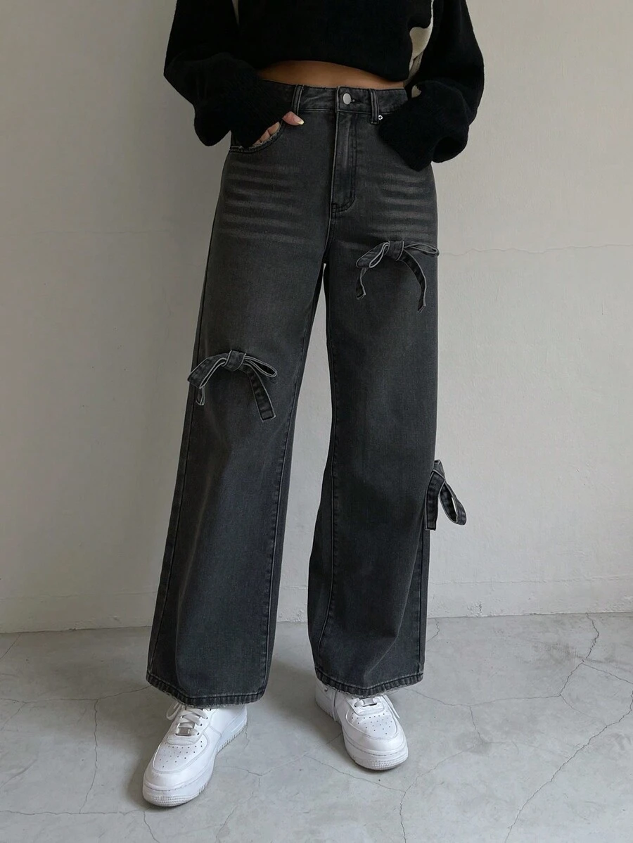 DAZY Quần Jeans Denim Trang Trí Bướm Túi Nút Phía Trước Cho Nữ, Mặc Thường Ngày - Màu xám đen - Xem 1