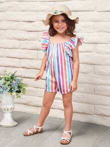 SHEIN Cô Gái Trẻ Khối sọc Viền Ruffle Romper - Nhiều màu - Xem 4