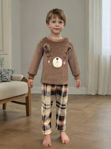 2pcs Young Boys' Brown Simple Winter New Embroidered Graphic Long Sleeve Top And Plaid Striped Pants Homewear Set