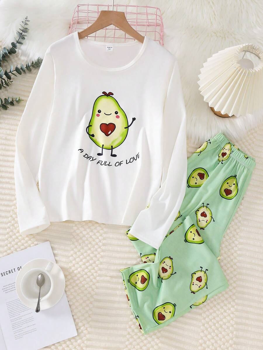 2 pièces Tenue décontractée pour la maison pour adolescentes : top à manches longues et pantalon à imprimé avocat minimaliste - Multicolore - Voir 1