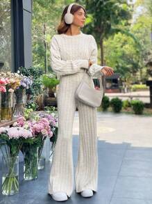 EURMUSE 2pcs Pearl Decorated Solid Color Sweater And Pants Set For Casual Wear In Spring & Autumn - Beige - View 6