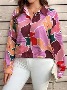 SHEIN CURVE+ Plus Size Women's Colorful Printed Long Sleeve Shirt - Multicolor - View 7