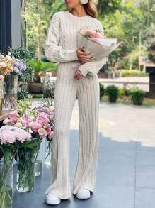 EURMUSE 2pcs Pearl Decorated Solid Color Sweater And Pants Set For Casual Wear In Spring & Autumn - Beige - View 4