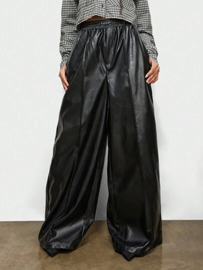 SUMWON WOMEN 奢华宽腿套穿仿皮阔腿裤高腰褶皱松紧腰带优雅晚会派对长裤秋冬时尚