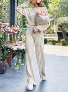 EURMUSE 2pcs Pearl Decorated Solid Color Sweater And Pants Set For Casual Wear In Spring & Autumn - Beige - View 3