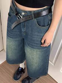 بنطال قصير جينز برمودا واسع الساق بجيب مموهة كت بتأثير غسيل فينتاج طراز Y2K