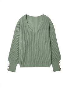 Áo len nữ cơ bản dáng rộng cổ chữ V cài nút, chất liệu dệt kim gân nhẹ, màu xám nhạt, kiểu dáng thường ngày. - Màu xanh Bạc hà - Xem 5