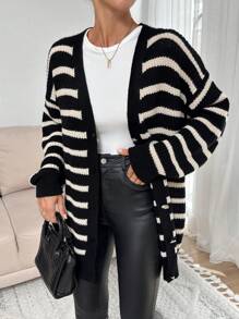 针织黑白条纹大码开衫 - 黑與白 - 查看 1
