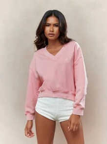 MISSGUIDED Embroidered Logo V Neck Short Sleeves Crop Sweatshirt
