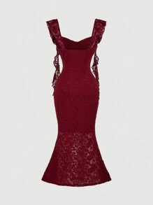 SHEIN MOD Váy dự tiệc cổ phồng và tua rua hình nấm, váy dài bó màu mơ, váy dài vừa phải mùa hè, váy gợi cảm, váy dạ hội, váy hẹn hò, váy màu mơ, váy thanh lịch, váy bồng bềnh, váy dạ hội - Màu Đỏ Sâu - Xem 2