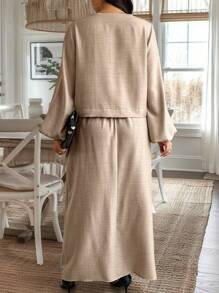 Calvaya 2pcs Plus Size Women Solid Color Tie-Up Long Sleeve Top & Skirt Set - Khaki - View 2