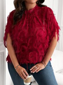 SHEIN Clasi 大码休闲纯色流苏衬衫新年服装 - 紅色 - 查看 3