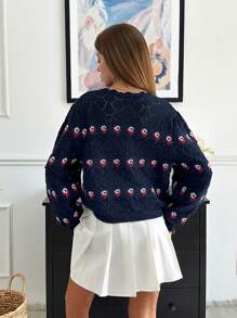 RueChic Cotton Knitwear Pretty Flower Pattern Hollow Out Sweater - Navy Blue - View 4