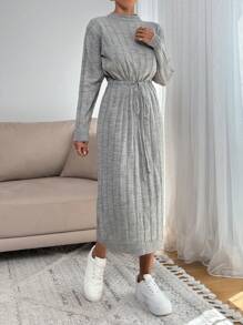 EURMUSE Tall Tall Size Women Solid Color Knitwear Maxi Dress With Cord Detail On Waist,Petite - Light Grey - View 6