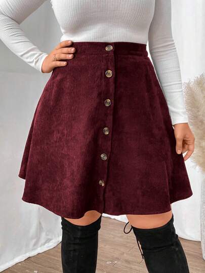 Vionelle Plus Size Front Button Simple A-Line Skirt, Casual Everyday Wear, For Thanksgiving, Burgundy Color