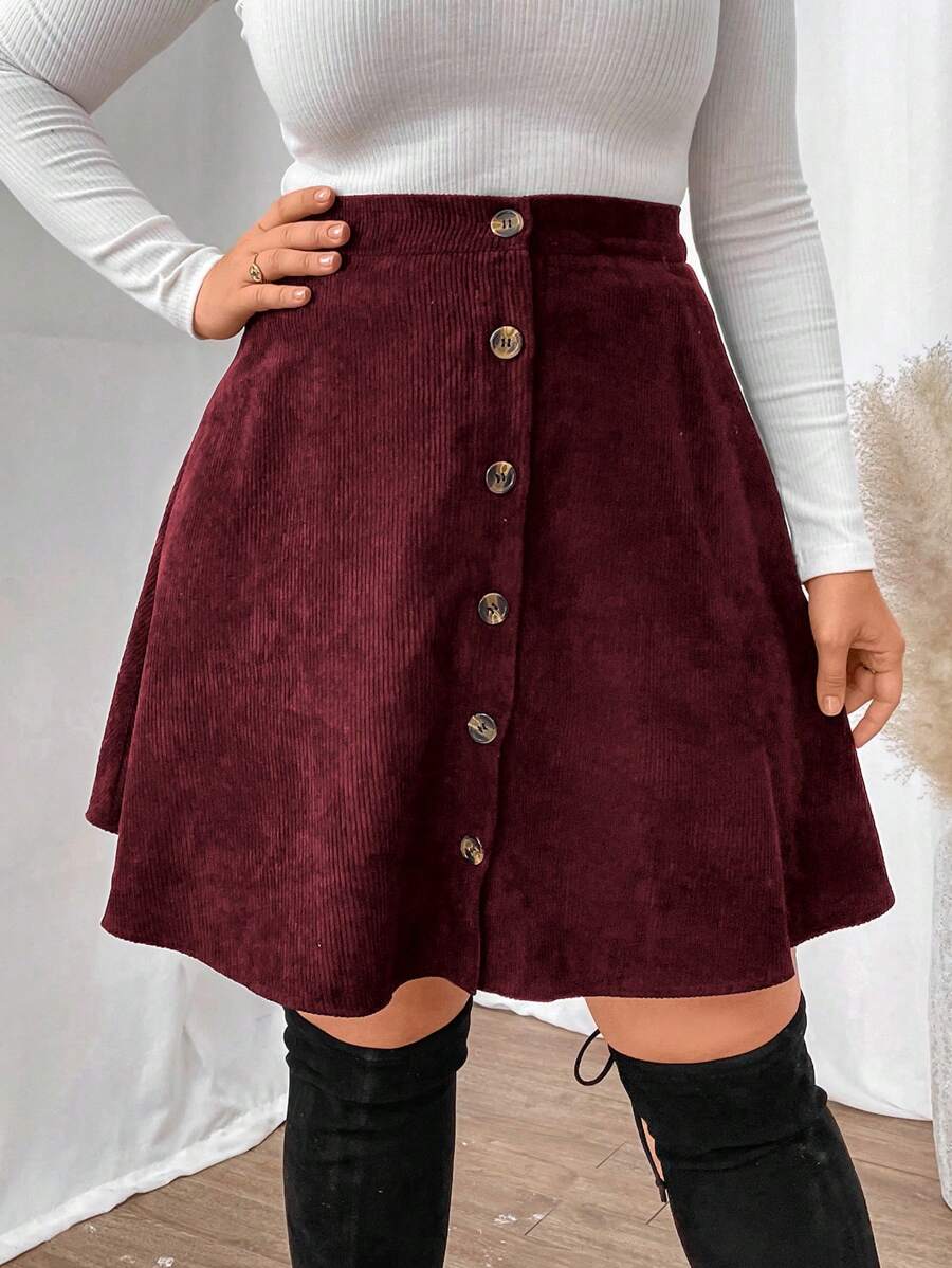 Vionelle Falda A-line simple con botones delanteros para talla grande, uso casual diario, para el Día de Acción de Gracias, color borgoña - Burdeos - Ver 1
