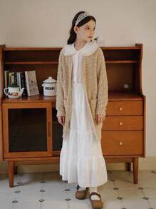 SHEIN Girls Plush Long Sweater Cardigan, Khaki V-Neck, Soft Thick Autumn/Winter Casual Outerwear - Khaki - View 5