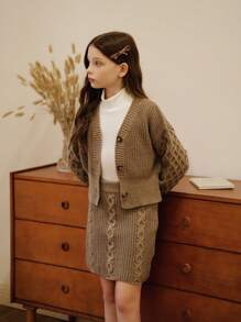 SHEIN Tween 女童秋冬复古罗纹开衫毛衣和罗纹裙套装，驼色蓬松厚 V 领纽扣装，适合派对、休闲外出、购物 - 棕色 - 查看 7