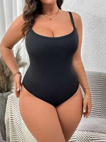 Calvaya Plus Size Spaghetti Strap Backless Solid Color Simplistic Casual Comfortable Bodysuit - Black - View 5