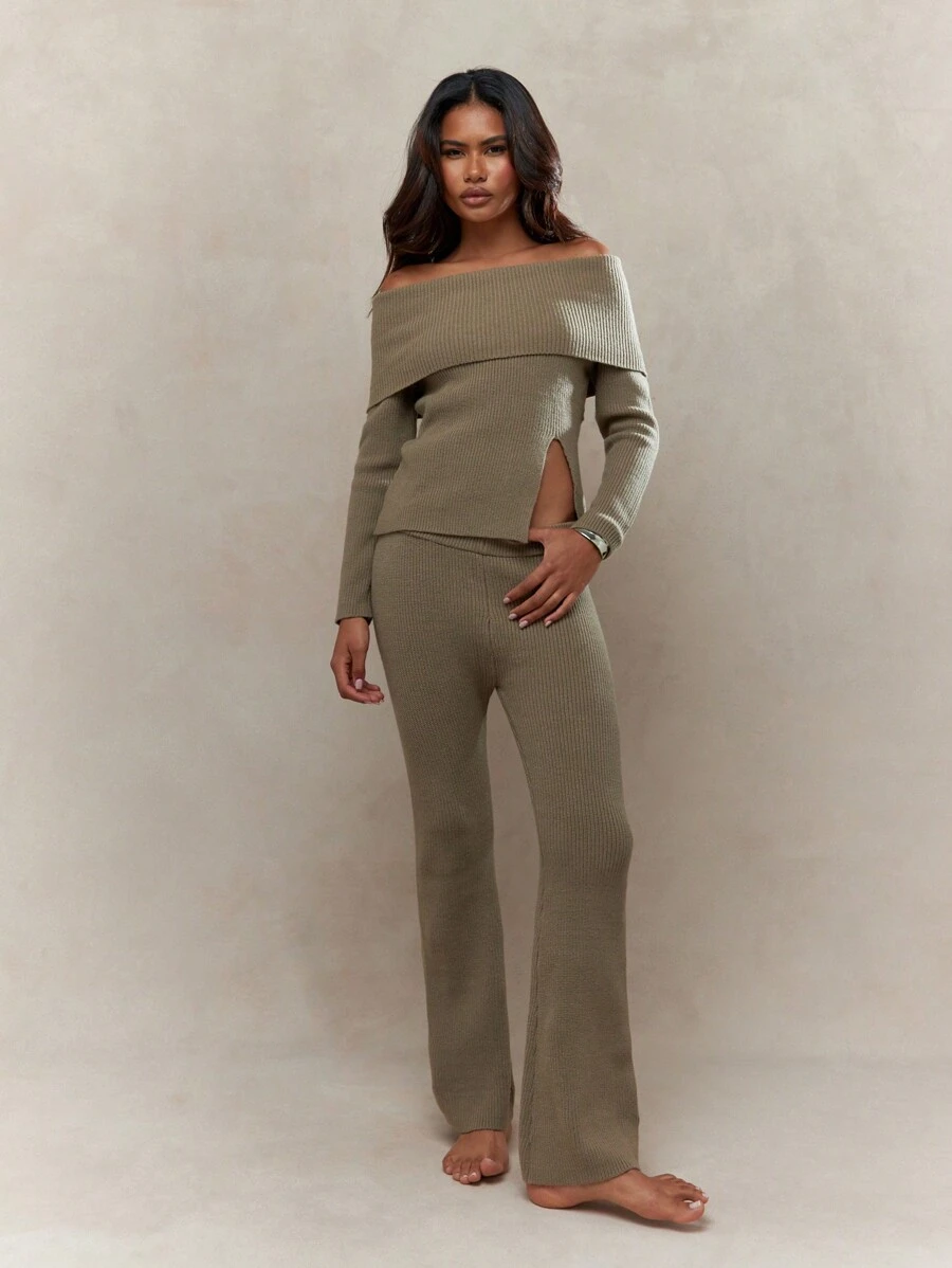 MISSGUIDED 罗纹针织吊带开衩下摆长袖露肩上衣和喇叭下摆长裤两件套冬季服装 - 棕色 - 查看 1