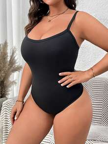 Calvaya Plus Size Spaghetti Strap Backless Solid Color Simplistic Casual Comfortable Bodysuit - Black - View 3