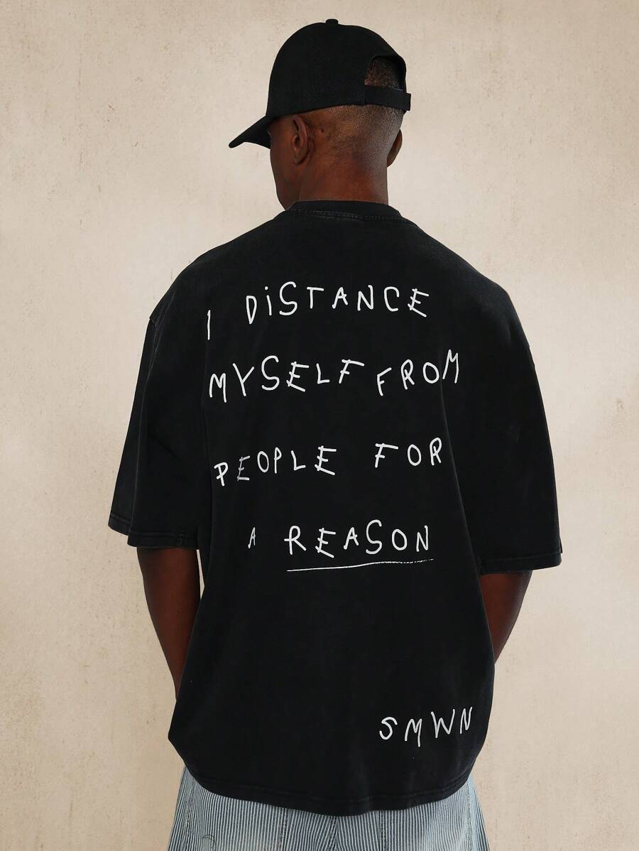 SUMWON 带文字图案印花的超大版型短袖 T 恤 - 黑色 - 查看 1