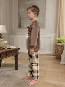 2pcs Young Boys' Brown Simple Winter New Embroidered Graphic Long Sleeve Top And Plaid Striped Pants Homewear Set