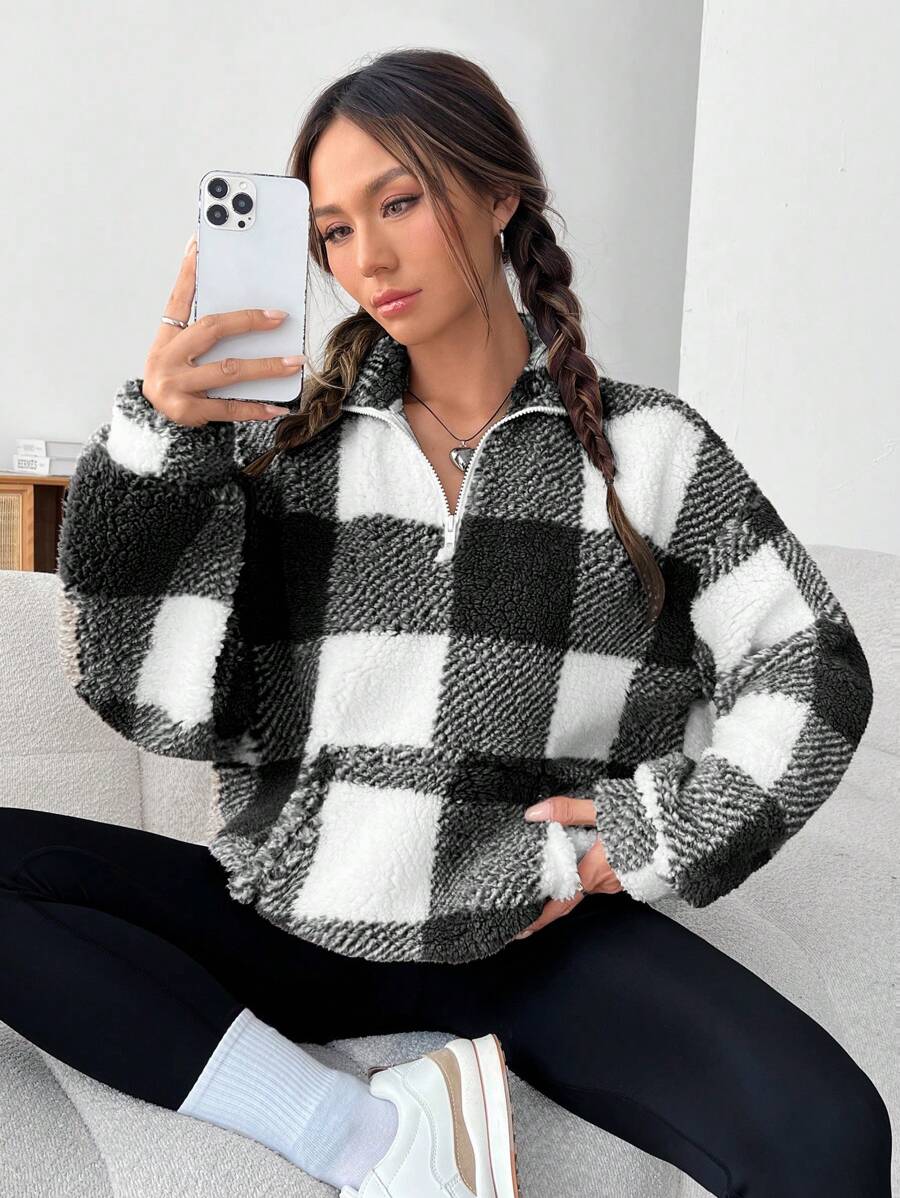 SHEIN EZwear 拉链长袖格子蓬松运动衫，休闲装，长袖上衣，女士秋冬装 - 黑與白 - 查看 1